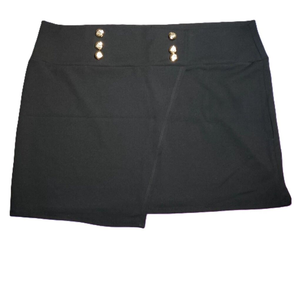 It’s Fashion Black Faux Wrap Skirt 3X Plus Size High Waist Gold Button Detail
